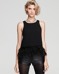 Feather trim takes the tame tank to style heights with this on-trend top from Blaque Label. Crafted from silk to perfectly drape over mini shorts or skinnies, it's a club must.