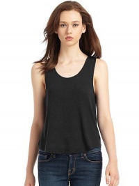 THE LOOKScoop neckRacerbackHi-lo hemTHE FITAbout 27 from shoulder to lowest part of hemTHE MATERIAL67% polyester/29% rayon/4% spandexCARE & ORIGINHand washImported