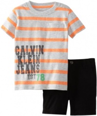 Calvin Klein Baby-boys Infant Stripes Tee with Shorts, Orange, 24 Months