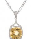 Badgley Mischka Fine Jewelry Sterling Silver White Diamonds Large Cushion Cut Citrine Pendant Necklace