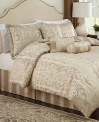 A gorgeous arrangement for a statement-making look, this jacquard woven Symphony comforter set showcases a luminous color scheme and elegant flourish design. Striped accents and decorative twisted cord finish the look.