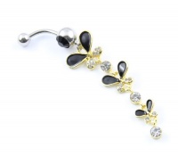 Bodyart 316L Surgical Steel 14 Gauge Butterfly Dangle Black Crystal Belly Bar Navel Button Ring Barbell