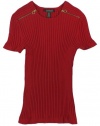 Lauren Ralph Lauren Women's Ribbed Zip-Shoulder Crewneck Sweater (X-Large, Cherry Red)