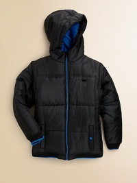 This ultra-soft, ultra-toasty quilted puffer will keep your little man safe from the elements with attached hood and ribbed cuffs and hem.Attached hoodLong sleevesFull-zip frontFront snap beasom pocketsTipped rib-knit cuffs and hemFully linedPolyester failleMachine washImported