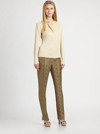 Featuring subtle metallic and cobra-print accents, these sleek jacquard pants also have ankle slits for an incomparable fit. Hook-and-eye closureZip flyFront and back seamsInseam, about 3352% linen/27% silk/21% viscoseDry cleanImported Model shown is 5'10 (177cm) wearing US size 4. Featuring subtle metallic and cobra-print accents, these sleek jacquard pants also have ankle slits for an incomparable fit. Hook-and-eye closureZip flyFront and back seamsInseam, about 3352% linen/27% silk/21% viscoseDry cleanImported Model shown is 5'10 (177cm) wearing US size 4.