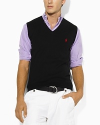 Classic-fitting, lightweight sweater vest, knit from soft Pima cotton yarns in a classic jersey stitch.