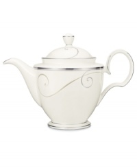 Fluid platinum scrolls glide freely throughout this beautiful fine china coffee pot from Noritake. Easy to match with any decor, the fresh and elegant Platinum Wave collection of dinnerware and dishes is a timeless look for fine dining or luxurious everyday meals. Holds 43 oz.