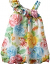 Size-3T, Pink, BNJ-7640R, Bold Floral Print Asymmetric One-Shoulder Chiffon Bubble Dress,Bonnie Jean Todders Party Dress