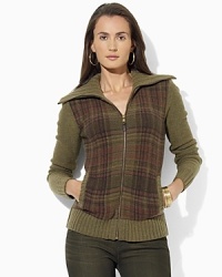 Knit in cozy lambswool, a full-zip cardigan is finished with a muted plaid pattern at the front and chunky knit funnel neckline for style and warmth.