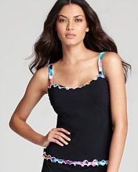 Ruffled pops of color define Gottex's popular, not-so-basic black tankini top, in a look that is both fun and figure-flattering. Pair it with the coordinating swim skirt or a host of other options.