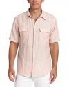 Cubavera Men's Two Pocket Striped Essential Woven Button Down Shirt With Tab Sleeve