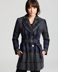 A dark palette and modern check print infuse a classic Burberry Brit wool coat with contemporary edge. Layer over luxe leather leggings for look brimming with downtown attitude.