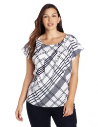 Anne Klein Women's Plaid Print Sleeveless Blouse, White Multi, 2X