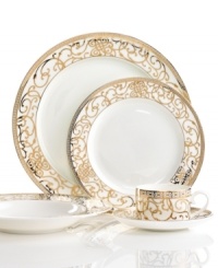 Intricate trim and scrolling vines in lavish gold make the Cru Athena place settings a fine-dining sensation and, in dishwasher-safe bone china, a dream for after dinner as well. Timeless silhouettes elevate the pattern with undeniable grandeur.