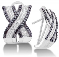 14K White Gold Large Micro Pave Set Round White and Black Diamond Cross Over Hoop Earrings - (1.50 cttw)