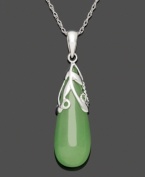 The look of serenity, this peaceful style is both calming and cool. Crafted from a sold, teardrop-shaped jade (10 mm x 25 mm), a swirling sterling silver overlay and chain adds the perfect final touch. Approximate length: 18 inches. Approximate drop: 1-1/2 inches.