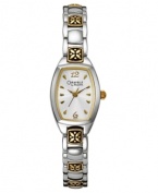 Rich details adorn this beautiful watch from Caravelle by Bulova, including floral engraved brackets crafted with antique charm. Two-tone mixed metal bracelet and cushion-shaped case. Cushion-shaped white dial with logo and stick indices. Quartz movement. Moisture resistant. Two-year limited warranty.