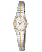 A beautiful style from Pulsar, this women's watch combines two tones for double the elegance. Stainless steel silvertone bracelet and oval case with goldtone accents. Oval white dial with logo and numerical indices. Quartz movement. Water resistant to 30 meters. Three-year limited warranty.