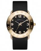 Make a splash with simple style. This iconic Marc by Marc Jacobs watch features a black leather strap and ion-plated goldtone stainless steel round case. Logo etched at bezel. Black dial with goldtone dot markers, numerals and logo. Quartz movement. Water resistant to 30 meters. Two-year limited warranty.