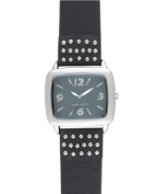 Liven up your look with this studded watch from Nine West. Crafted of black leather strap with stud detail and rectangular silver tone mixed metal case. Gray dial features silver tone numerals at three, six, nine and twelve o'clock, applied stick indices, minute track, luminous hour and minute hands, sweeping second hand and logo at six o'clock. Quartz movement. Limited lifetime warranty.