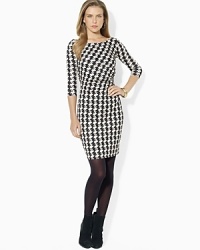 Soft gathers at the waist lend an elegant draped effect to a chic work-to-weekend dress accented with a timeless houndstooth pattern.