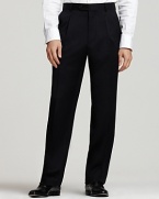 BOSS Black Dr. Hook Trousers. Single reverse pleated pants in virgin wool with rayon viscose lining to knee and unfinished hem. Inner button, hook and button tab closure. Side trouser pockets. Back buttoned welt pockets. 11.5 front rise. 17.5 leg opening.