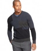 Who loves you more than you? Look marvelous with this colorblock v-neck pullover sweater by Calvin Klein.