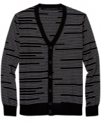 This contemporary striped cardigan by Sean John will have you looking sharp this season.