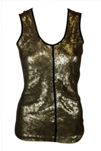 Calvin Klein Womens Camel Sequin Front Black Knit Back Scoop Tank Top M