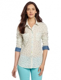 BCBGeneration Women's Shark Print Woven Button Up Shirt With Contrast Denim, Aqua Combo, XX-Small