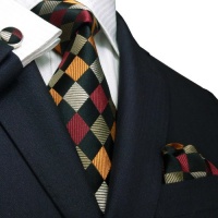 Landisun 458 Multi-Color Plaids & Checks Mens Silk Tie Set: Tie+Hanky+Cufflinks