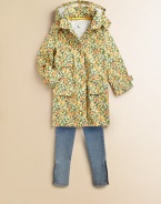 Bright and cheery with colorful fruit pattern, plenty of pockets for all her little necessities, plus a cozy hood to zip on for unpredictable weather.Detachable hood with snap closurePolo collarConcealed front snap closureLong sleeves with button cuffsThree front patch pocketsCottonHand washImported