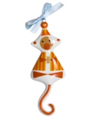 From the big top to the top of your tree, Jonathan Adler's circus monkey will be the star attraction at every holiday in glossy orange and white porcelain.