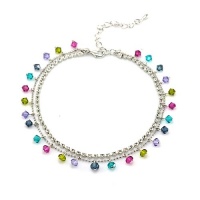 Multi-Colored Pink, Purple, Blue, Green, Smoky Swarovski Faceted Crystal Dangling with Cubic Zirconia CZ on Rhodium Plated Brass Anklet 8.5''-10.5'' - Nickel Free