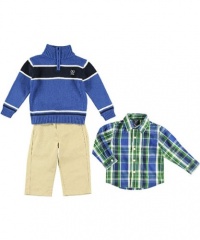 Izod Kids Baby-boys Infant Stripe 1/4 Zip Sweater With Plaid Woven Shirt and Pant, Medium Blue, 24 Months