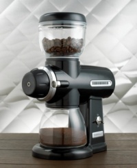 Freshness for the true coffee connoisseur. This classic-style grinder provides optimal aroma and flavor for your coffee, grinding beans to your preferred fineness level with precision stainless steel burrs. Model KPCG100OB.