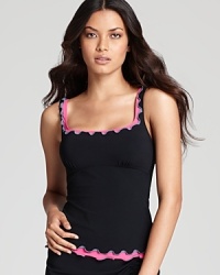 Ruffled pops of color define Gottex's popular, not-so-basic black tankini top, perfect with the coordinating skirt or any basic bottom. It's functional, flirty fun.