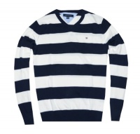 Tommy Hilfiger Men Wide Stripes Logo V-Neck Pullover Sweater