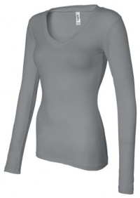 Bella Womens Andrea Sheer Rib Long Sleeve Longer-Length V Neck T Shirt. B8750