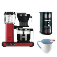 Technivorm KBG741 AO Red Metallic Moccamaster Glass Carafe Coffee Maker w/ 2 Mad Stylz 16 oz. Stoneware Coffee Mug in Baby Blue & Capresso Disk Type Burr Grinder 14 oz. in Black