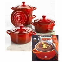 Le Creuset Set of 4 Mini Cocottes with Cookbook, Cherry