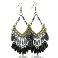 Vintage Inspired Black Faceted Beaded Gold Tone 3 Inch Chandelier Earrings