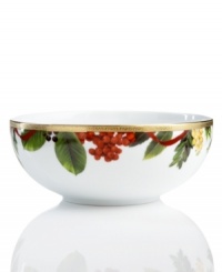 A new holiday classic, the Holly Berry vegetable bowl features filigree-patterned gold and beautiful Christmas botanicals in elegant white porcelain. Complements Grand Buffet Classic Gold and Red Rim dinnerware.