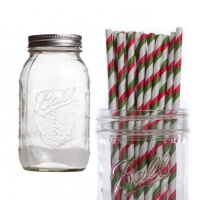 Dress My Cupcake DMC432749 Ball Mason Pint Jars with Paper Straws Party Drink Kit, Christmas Striped, Set of 12