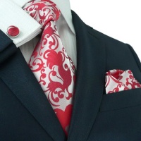 Landisun 86F Silver Red Paisleys Mens Silk Tie Set: Tie+Hanky+Cufflinks Exclusive