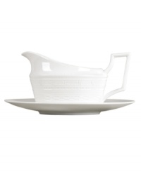 Rich with history, the Intaglio gravy boat from Wedgwood features modern bone china embossed with geometric motifs from the Georgian era. With a distinct handle design.