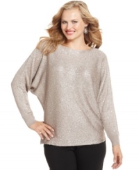 Instant drama: Alfani's plus size sweater matches a sheer knit with allover sequins for even more sparkle!