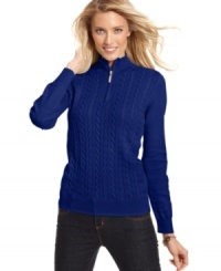 Karen Scott's cozy sweater is instantly elevated by cable-knit and a chic goldtone zipper closure.