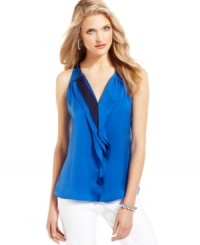 Turn up your style quotient with this petite halter top from T Tahari! Multi-layered ruffles give it fabulous flair.