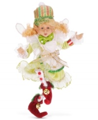 Enter the enchanting world of Mark Roberts with the Candymint Pixie figurine, featuring a ruffled dress with elements of shimmering gold and green tinsel. Bend the arms and legs to make her sit, stand and dance!